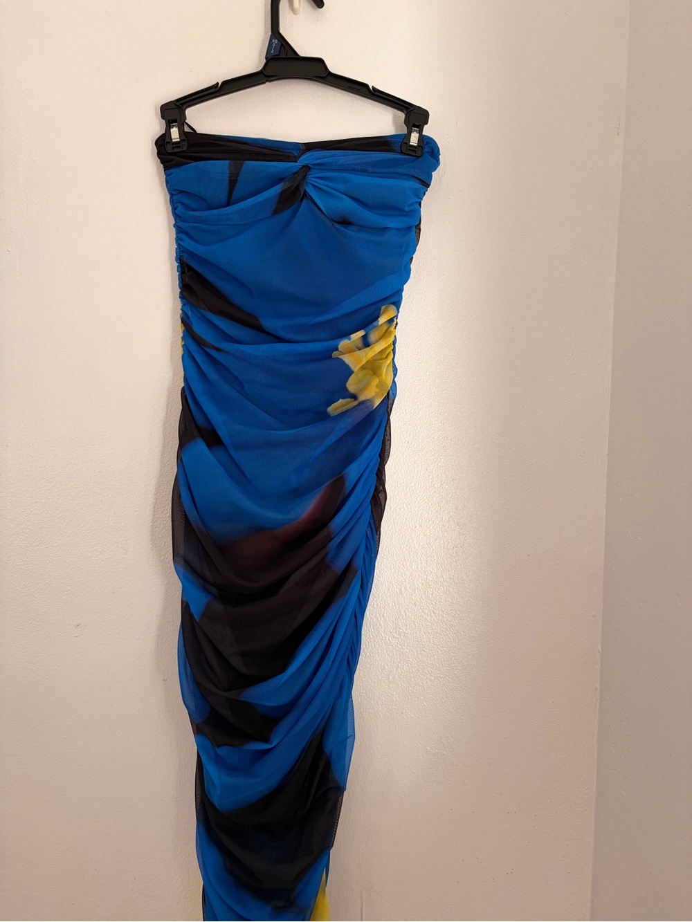 Zara Blue Strapless Ruched Bodycon Dress with Yellow Accent